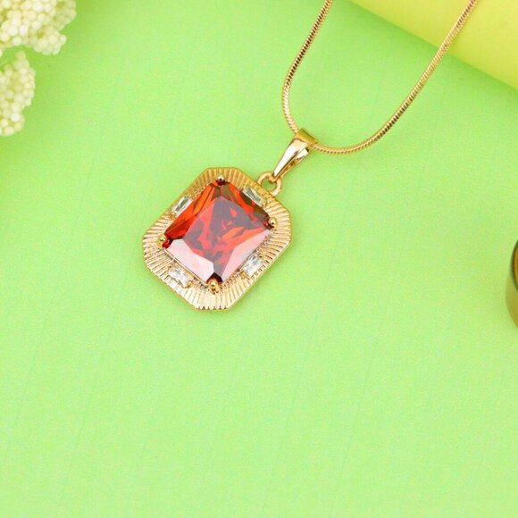 "Red Rectangle Pendant with Gold Frame and Sparkling Stone Accents, XPPT1787 - Picture 9 of 12